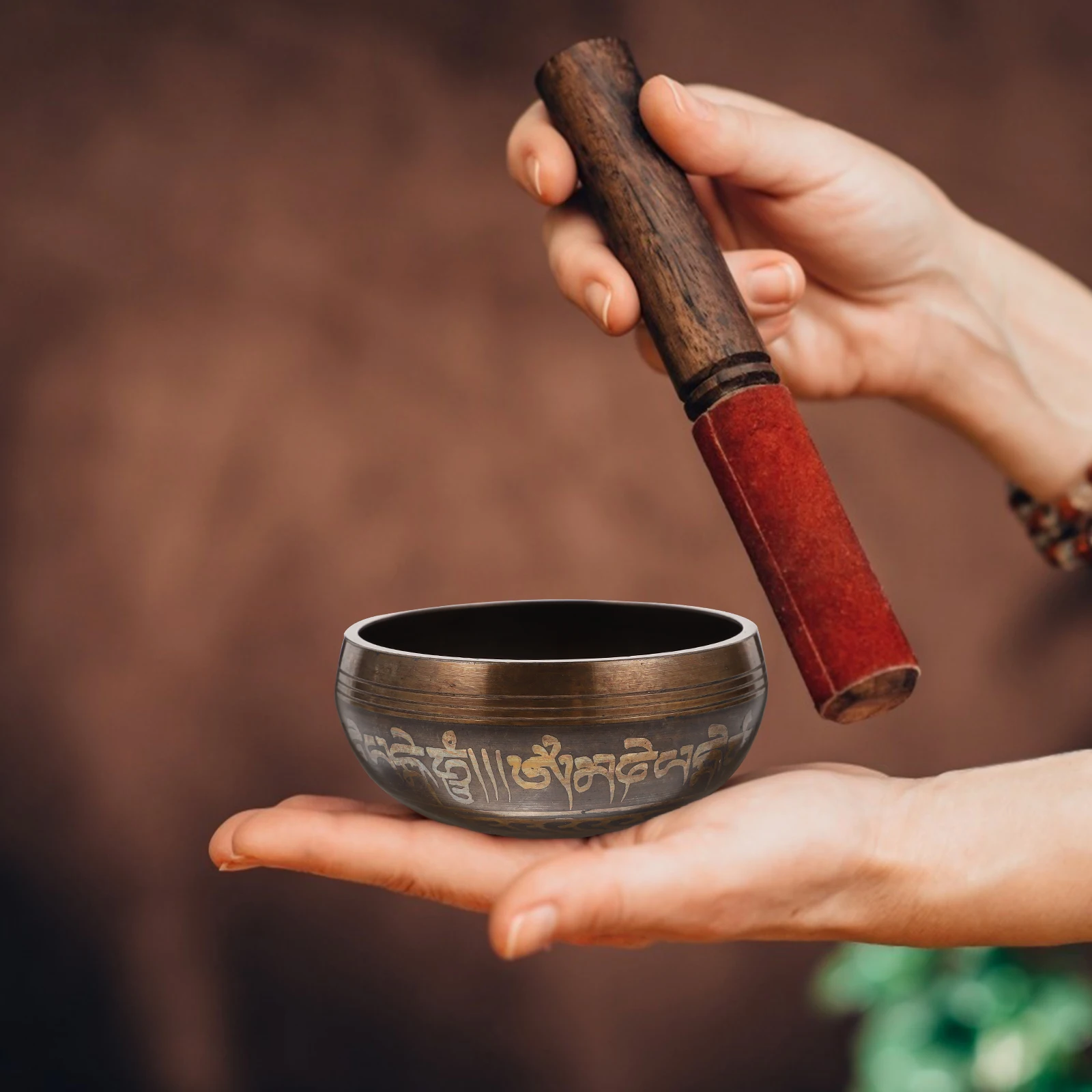 

1Set Tibetan Singing Healing Meditation Copper Wood Rod Decorative Gift Set Sound Bowl Mallet Set Music Relaxation