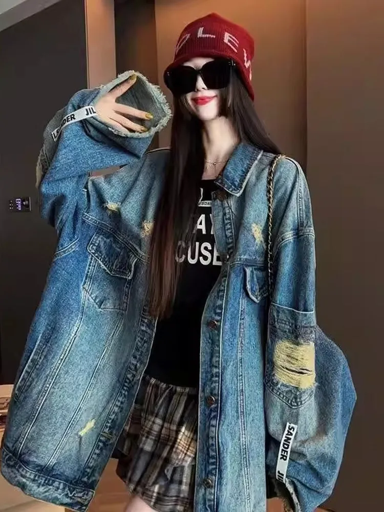 

Женская джинсовая куртка больших размеров, винтажная, свободного кроя, с эффектом потертости, с дырками, модная, повседневная, с длинными рукавами