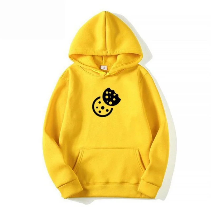 Fashion Yellow Hoodies Autumn Cookie Print Long Sleeve Pullover Tops Casual Pocket Hoodies Unisex Outer Loose Sport Wear