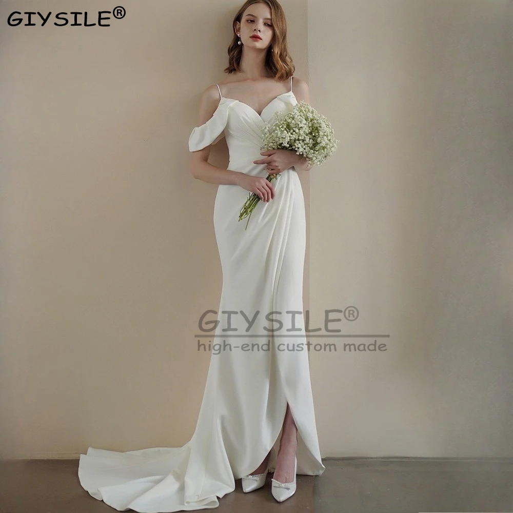 

GIYSILE Customized One Shoulder White Strapless Light Wedding Dresses Short Front and Long Back for Brides Travel Photo Dress