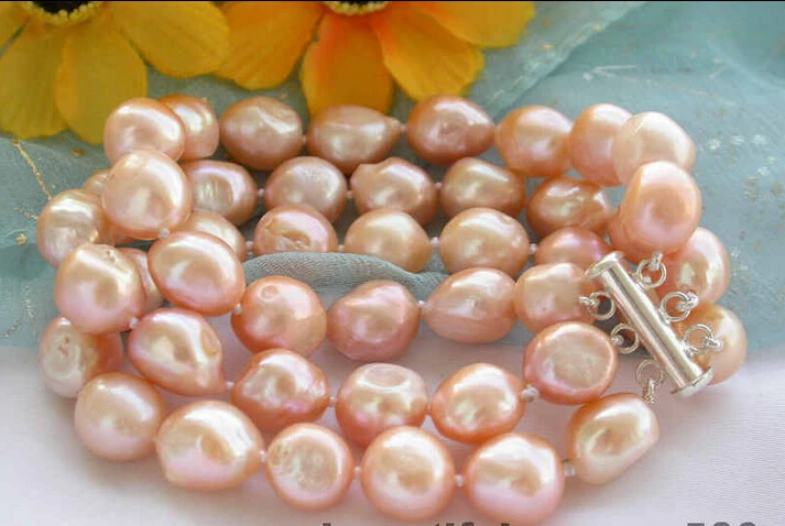 

free shipping 3row 8" 9-10mm pink baroque freshwater pearl bracelet Noble style Natural