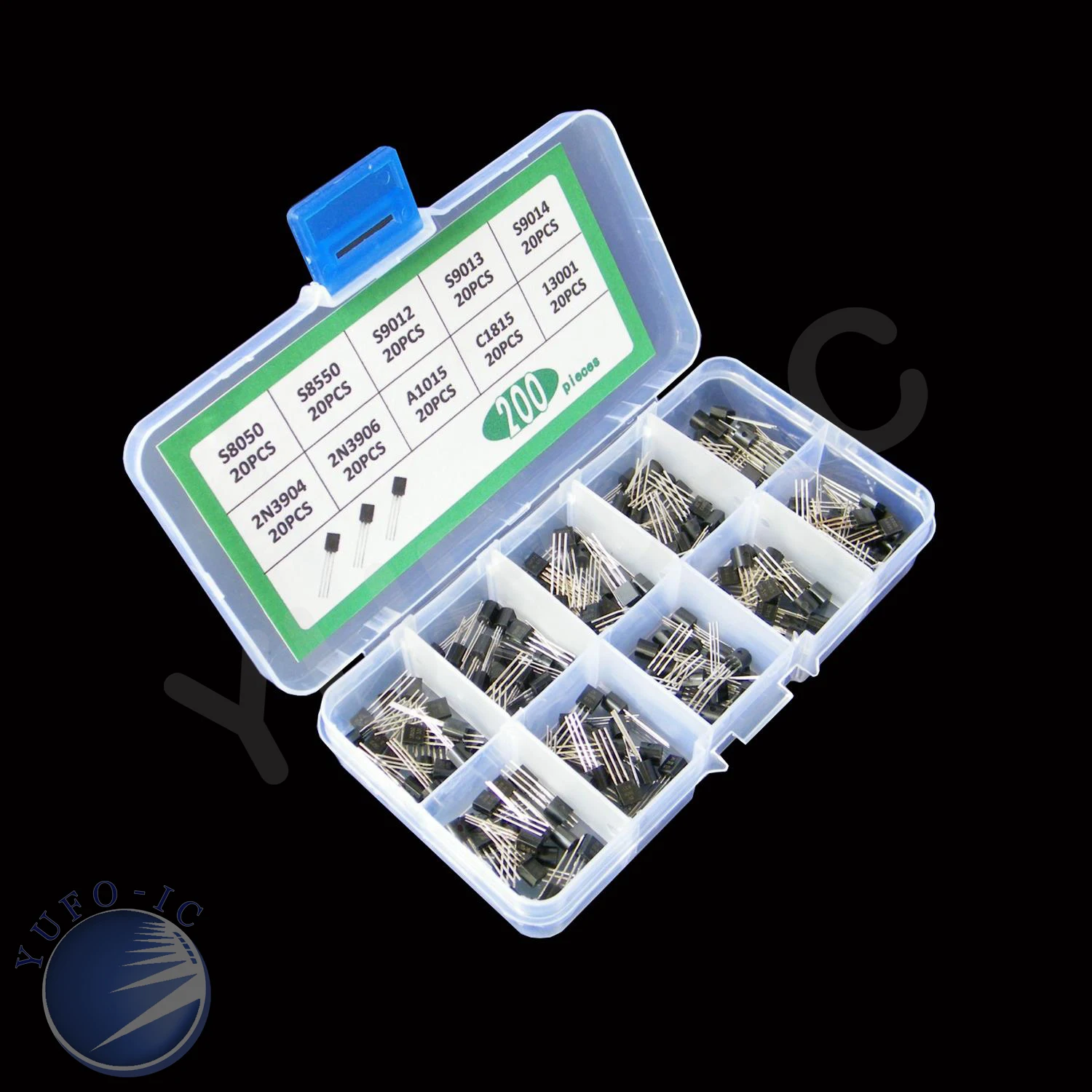 Transistor Kit Box 10values*20pcs=200pcs 2N3904 2N3906 A1015 C1815 13001 S8050 S8550 S9012 S9013 S9014 Assortment Pack to-92