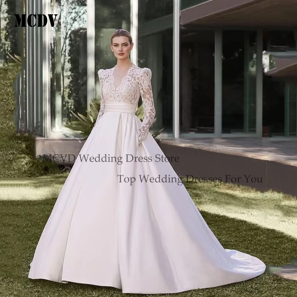 

MCDV Vintage Applique V-Neck Wedding Dresses With Pocket Full Sleeve vestido de novia princesa Customized Plus Size Bride Gown
