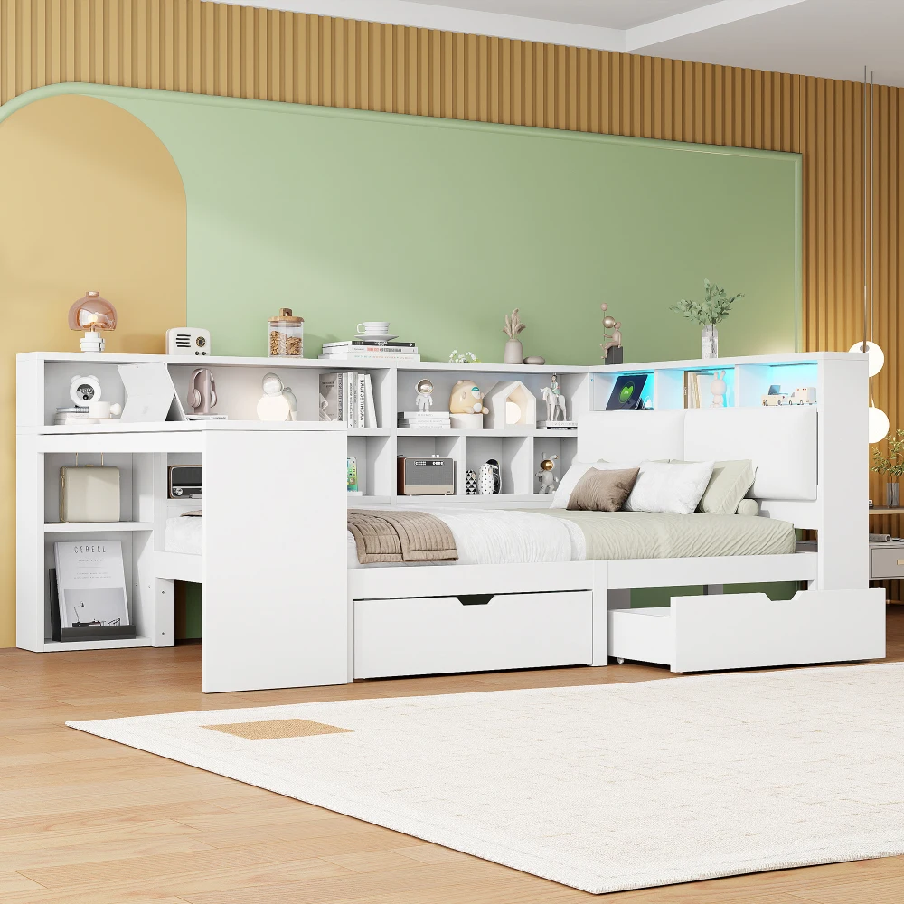 90x200 L-förmiges Plattformbett aus Holz mit Schreibtisch und Bücherregal, Eckkapitänsbett mit gepolstertem Kopfteil, Schubladen, LED-Licht – Detail 20