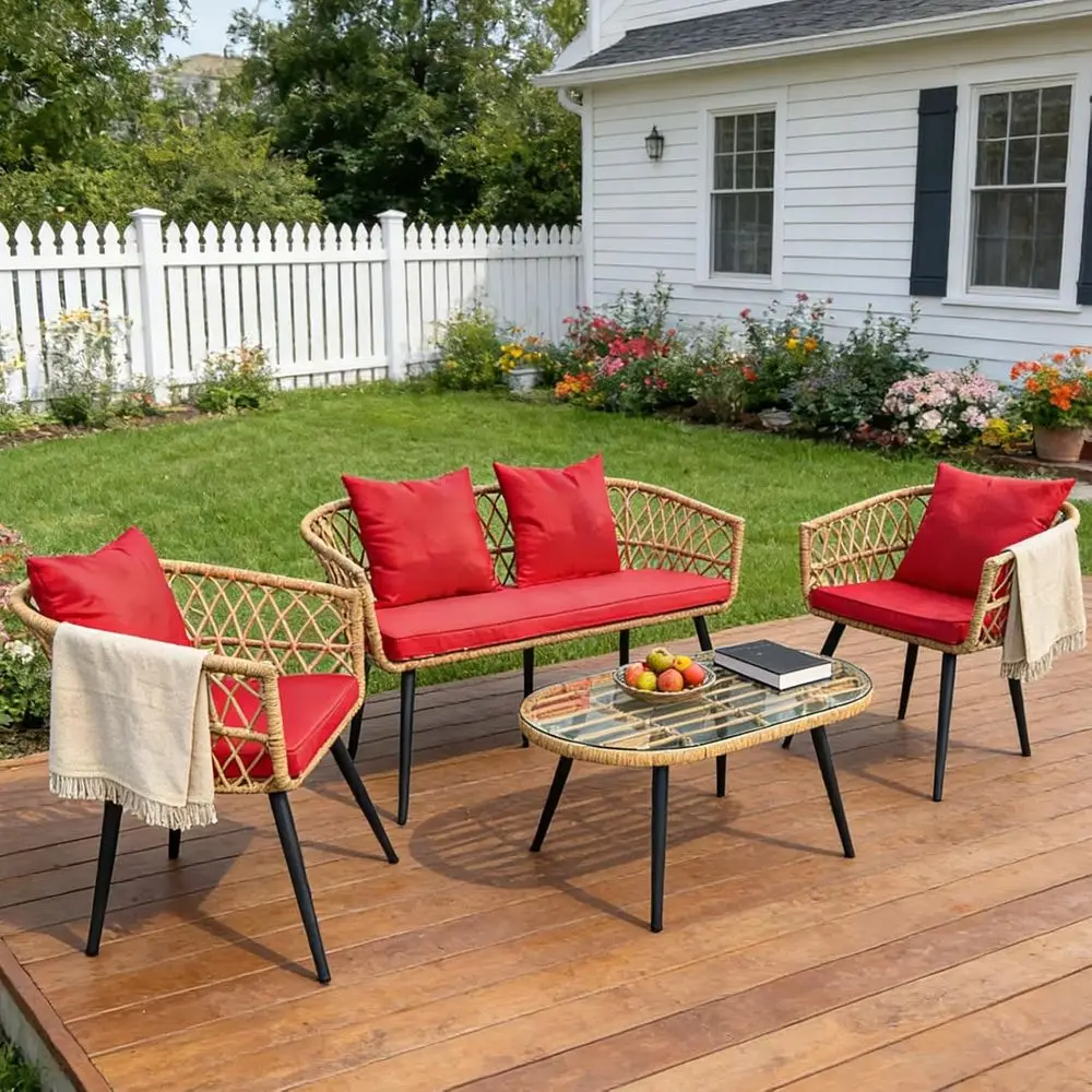 

All-Weather 4-Piece Patio Furniture Set with Wicker Sofa, 2 Chairs, Glass Table, and Cushions for Garden, Porch, Backyard (Red)