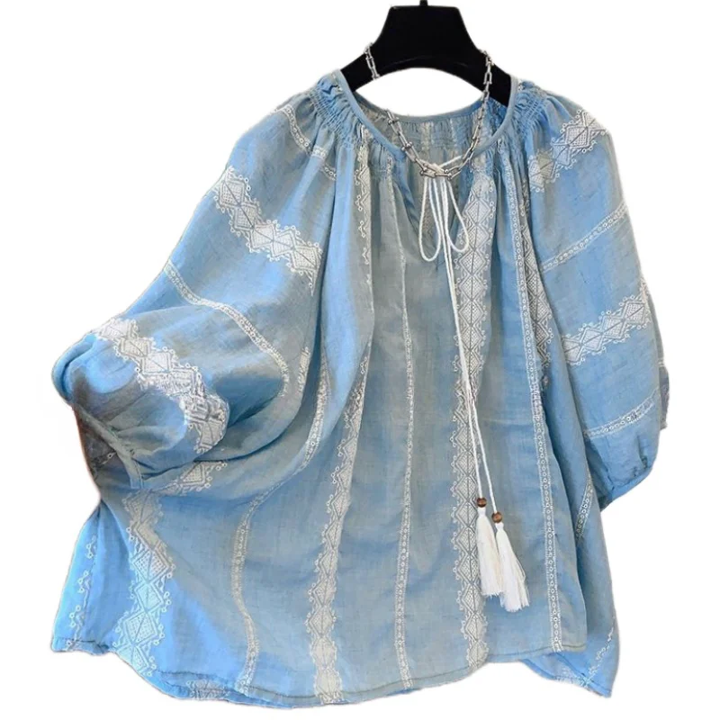 Harajuku Retro Tops Women Casual Short Sleeve O-neck Embroidered Lace Shirt 2024 Fashion Clothes Elegant Loose Blouse