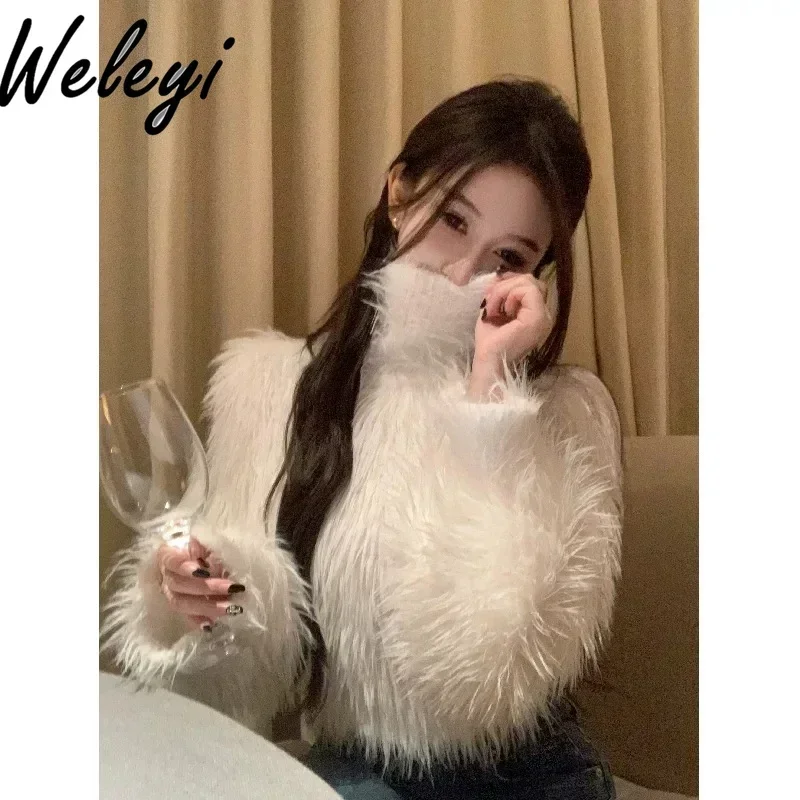 Women's Mink Velvet Thickened Turtleneck Sweater Autumn and Winter 2024 Woman Thicken Long Sleeve Knitted Fluffy Top Suéteres