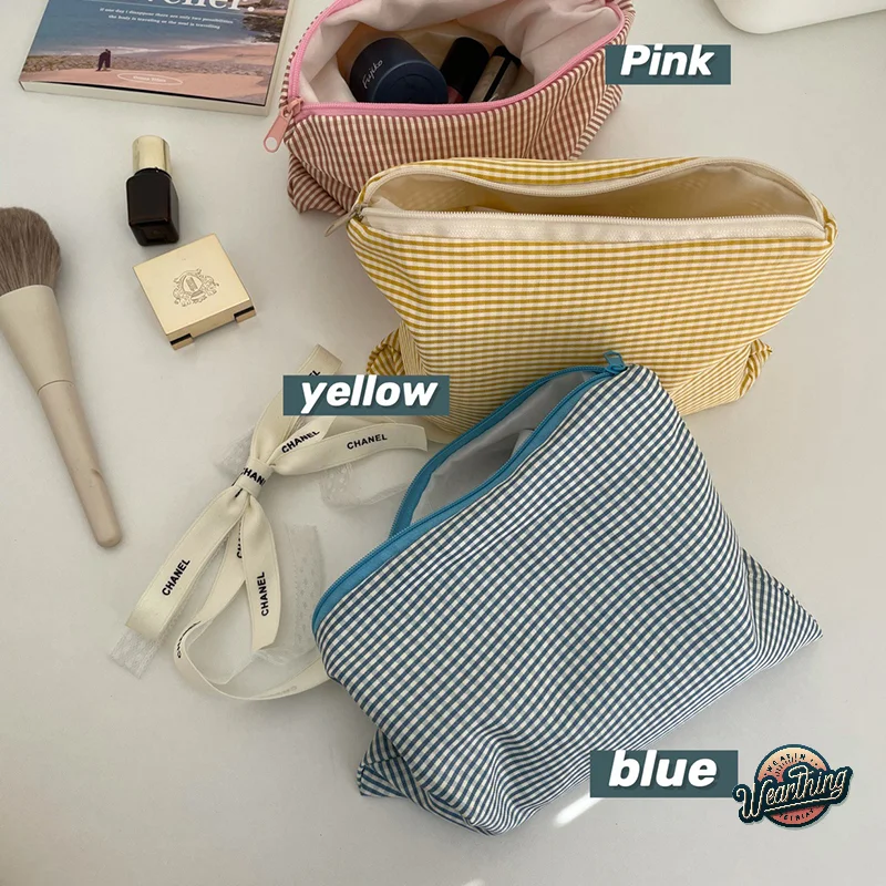 

1PC Makeup Bag Women Girls Plaid Cosmetic Pouch Zipper Makeup Organizer Portable Cloth Cosmetic Bag Large Capacity Storage Bag