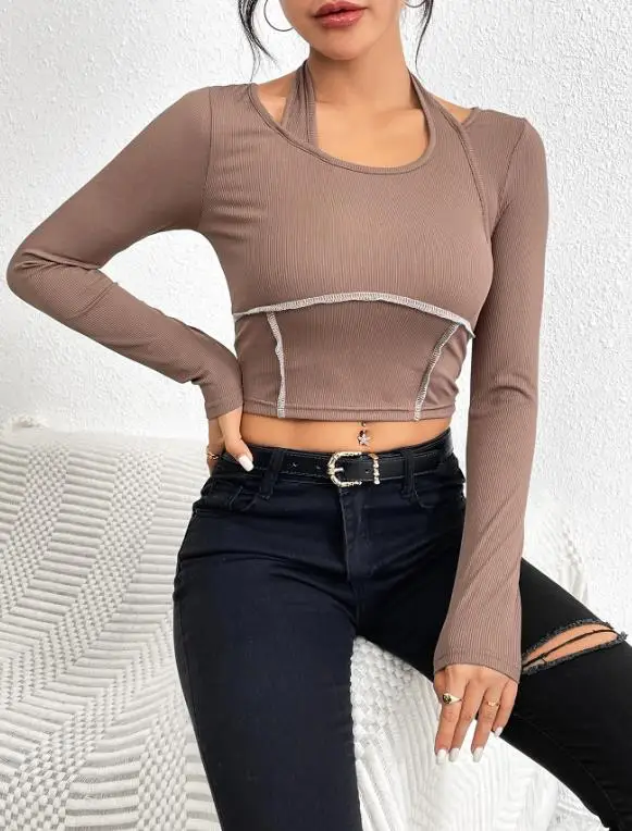 

2026 Autumn/Winter New Women's Fashion Slim fit Women's Top Knitted Long Sleeve Seam Hanging Collar T-shirt Women's Wear