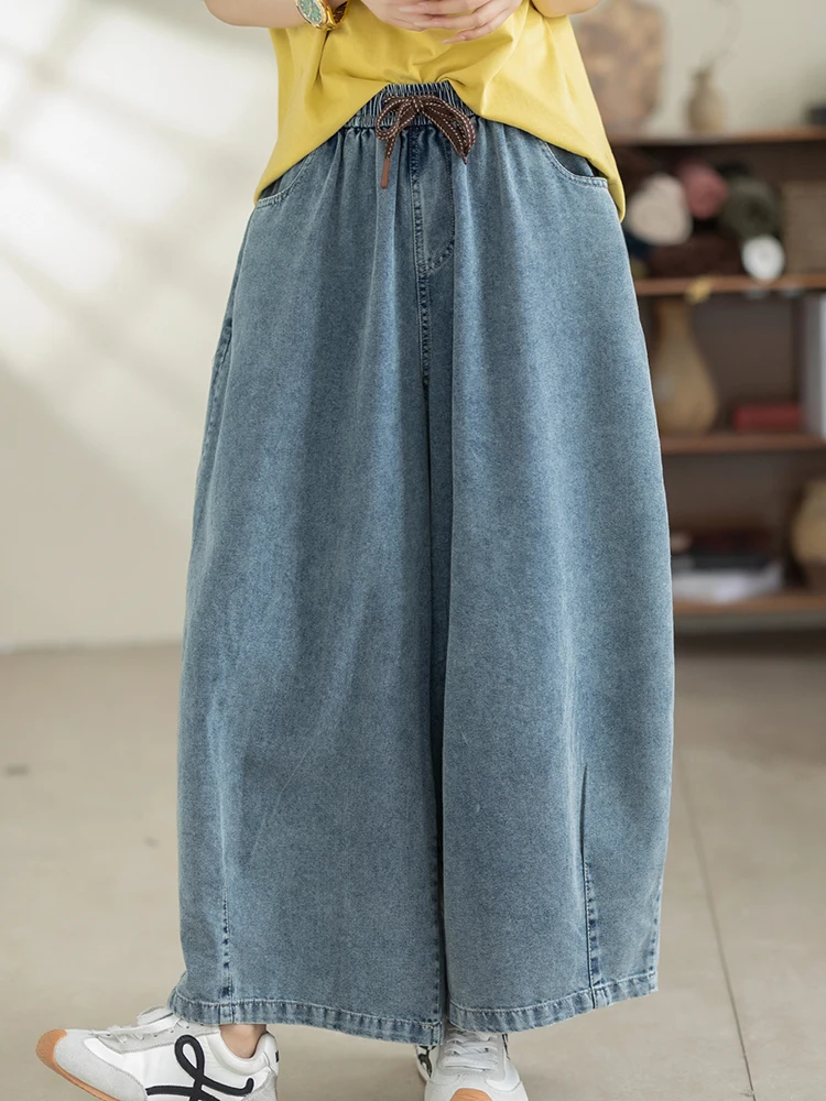 

Cultural Artistic Loose Fit Casual High Waist Cotton Denim Pants Women's Summer Slimming Nine-Piece Drawstring Waist Jeans