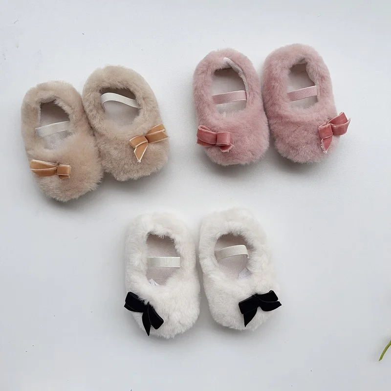 2023 Winter Babys chuhe für 0-18 Monate Neugeborene Prinzessin einfarbige Schleife Plüsch flauschige Fleece warme First Walker rutsch feste Schuhe