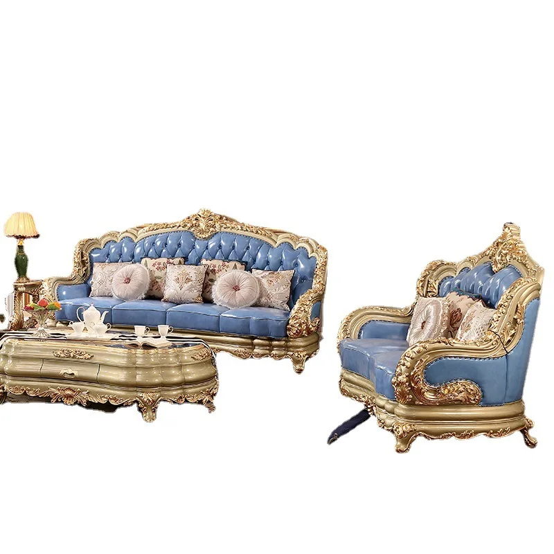 

leather sofa 123 combination, modern light luxury villa living room solid wood large apartment sofa