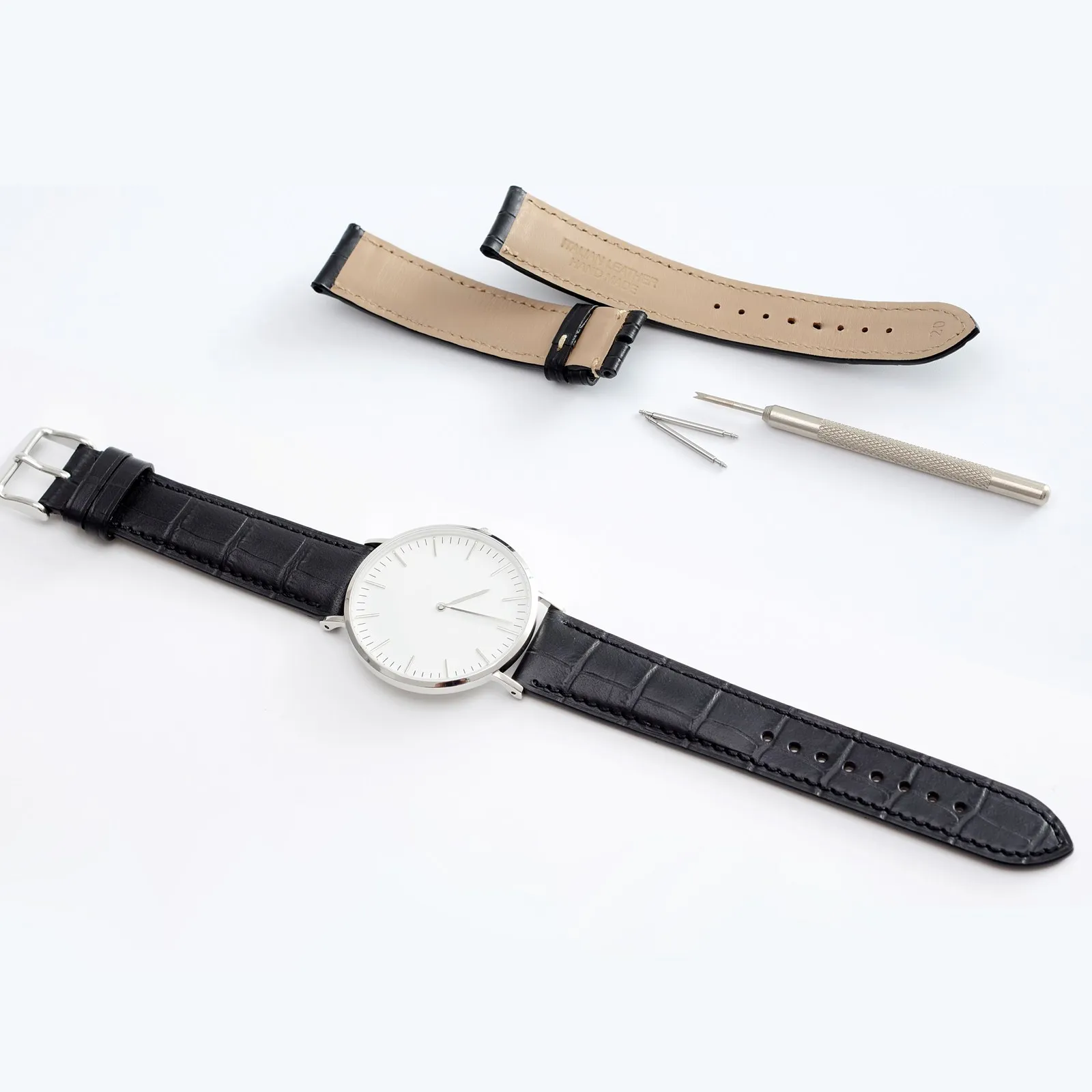 ANBEER Alligator Texture Leather Watch Strap 14mm 18mm 19mm 20mm 21mm 22mm Watch Accessories Watch Band Silver Buckle