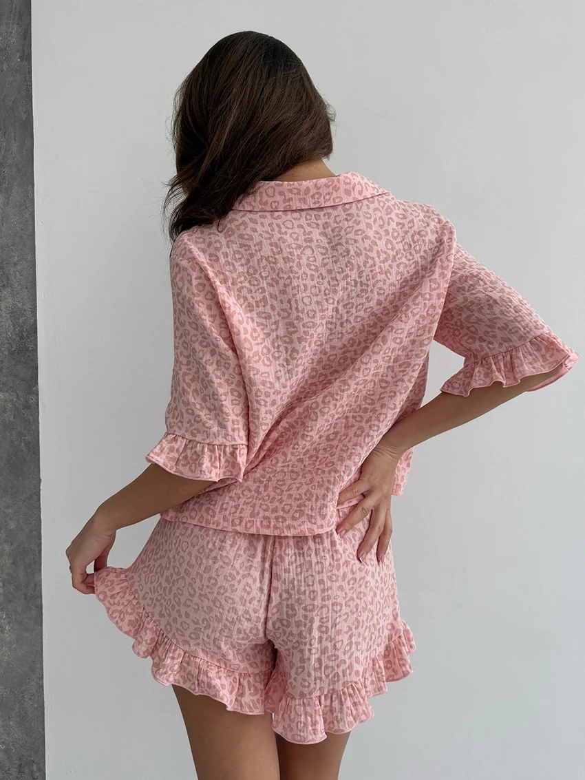 Marthaqiqi Leopard Print Ladies Nightgowns Suit Turn-Down Collar Pajama Half Sleeve Sleepwear Shorts Casual Female Nightwear Set