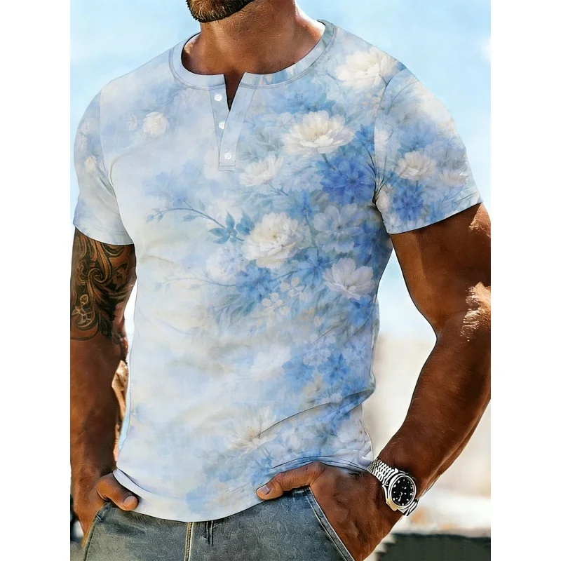 

Flower Pattern Grandpa Shirt For Men Colorful 3D Printed T-Shirts Summer Street Tops Short Sleeve Tees Stand Collar Polo Shirts