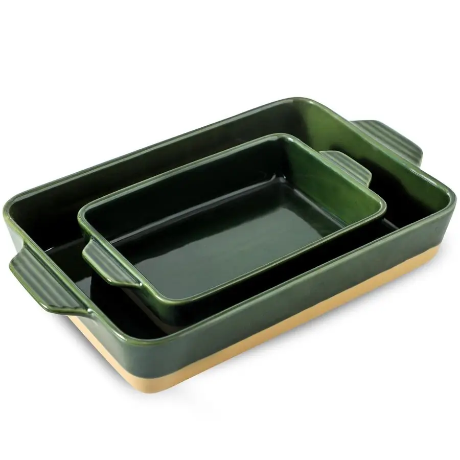 

Baking Casserole Dish with Handles, Large 9x13 inch Pan and Middle Baking Pan Porcelain Serving Bakeware Set Forest Green