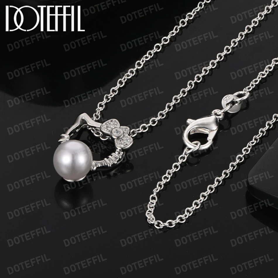 

DOTEFFIL Cat Round Pearl AAA Zircon Necklace Hot 925 Sterling Silver Charm Jewelry For Man Women Fashion Party Wedding Gifts