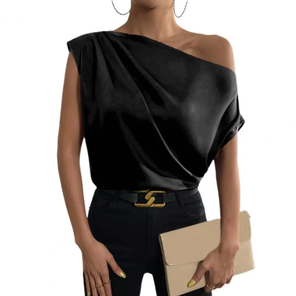 Women Shirt Irregular Off-Shoulder Boat Collar Top Sleeveless Simulated Silk Blouse Smooth Satin Dating Tops