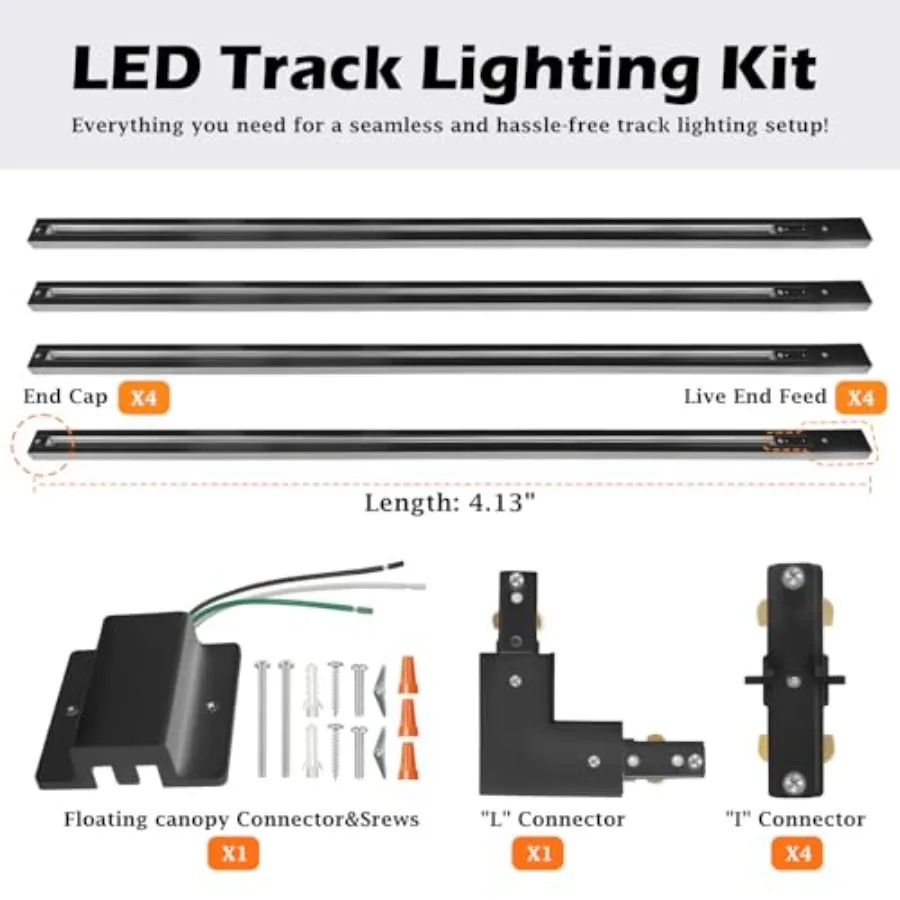 13Feet H Track Lighting Kit - Single Circuit Track Rails with Floating Canopy Live End Feeds and Connectors Complete H-Style Sy