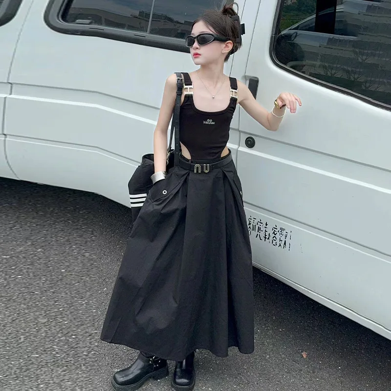 Baby Girl Dress Girls Summer Dress 2024 Cool Spicy Fake Two Slip Dress Hepburn Style Temperament Long Skirt Thin Skirt image 2