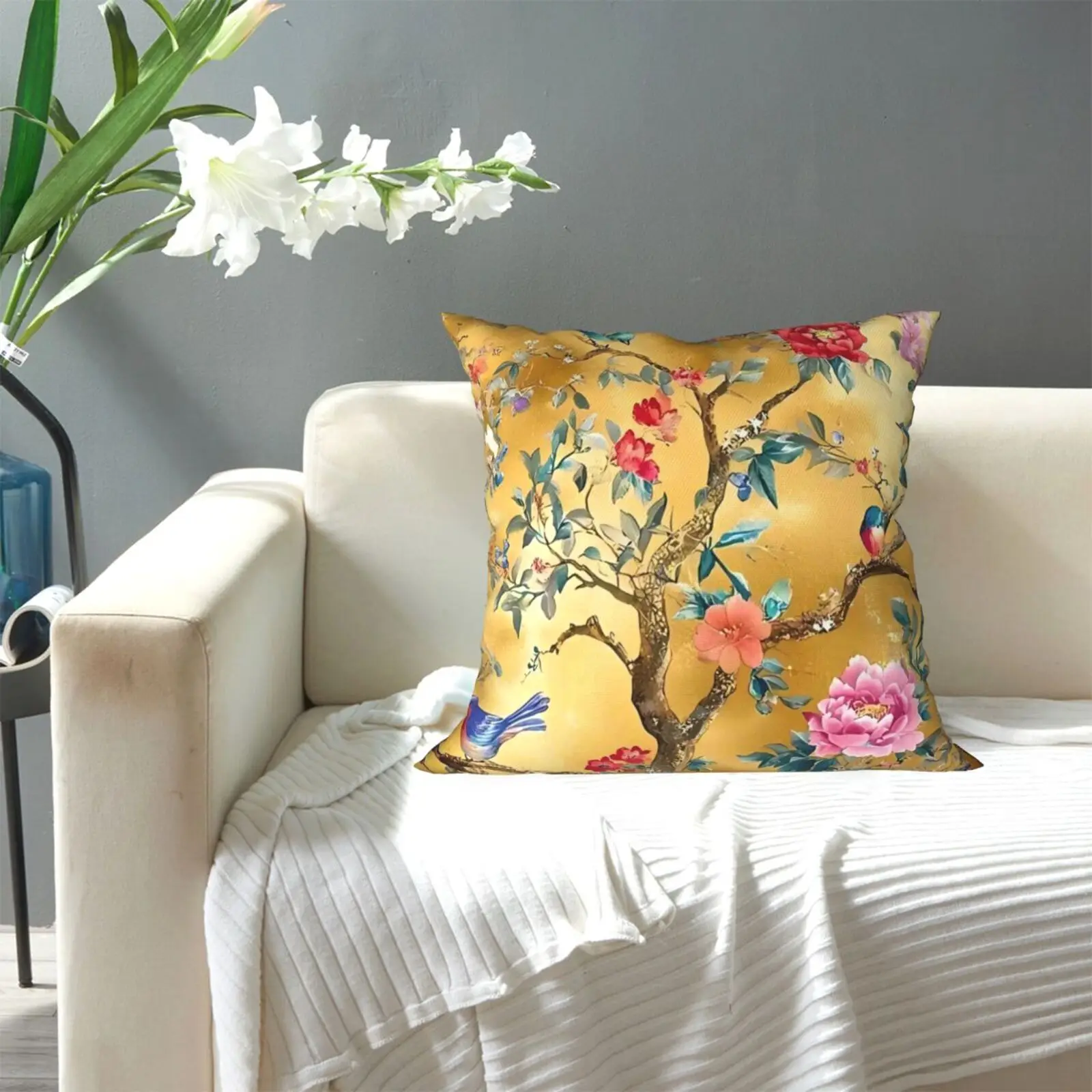 1 Kissenbezug im Vintage-Stil mit chinesischem Blumen- und Vogelmotiv, Polyester, mit Reißverschluss, quadratische Größe, eleganter dekorativer Kissenbezug, passend für – Detail 4