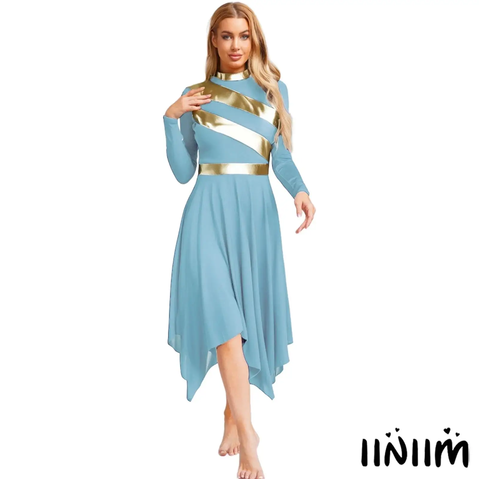 

Elegant Womens Modern Contemporary Dance Dress Long Sleeve Irregular Hem Dresses Lyrical Worship Praise Dance Performance Outfit