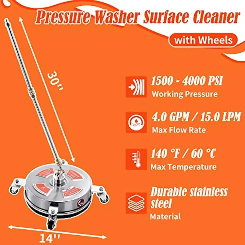 Pressure Washer Surface Cleaner Attachment 14'' Driveway Power Washer Accessory 2 Extension Wand 1/4