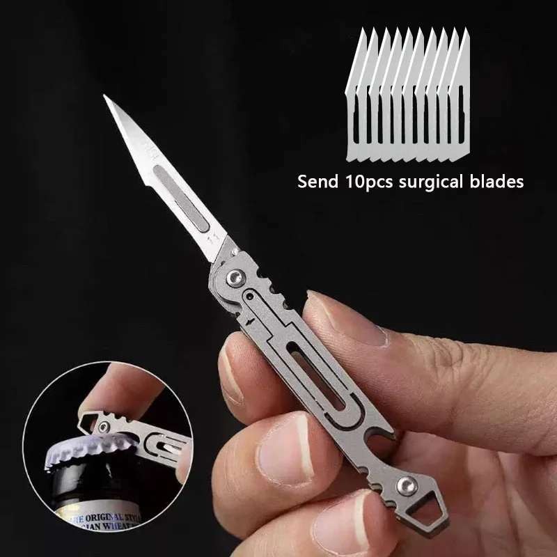 

Mini Stainless Steel Folding Knife EDC Outdoor Camping Bottle Opening and Opening Surgical Knife Comes with 10pcs Blades