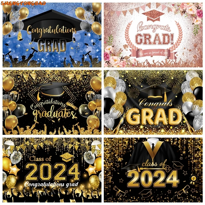 

Happy Graduation Backdrop Glitter Balloon Bachelor Cap Congrates Grad Class of 2024 Graduates Party Photography Background Decor