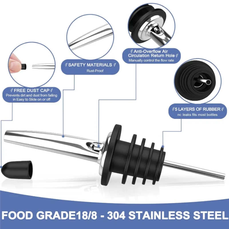 

-A12R Stainless Steel Pour Spouts For Liquor Bottles, Oil, Vinegar, And Wine With Rubber Dust Caps