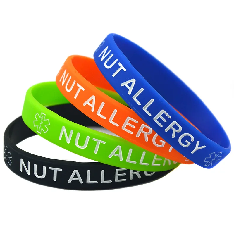 1PC/4PCS Nut Allergy Silicone Wristband Ink Filled Logo Adult Size 4 Colors 2 Sizes