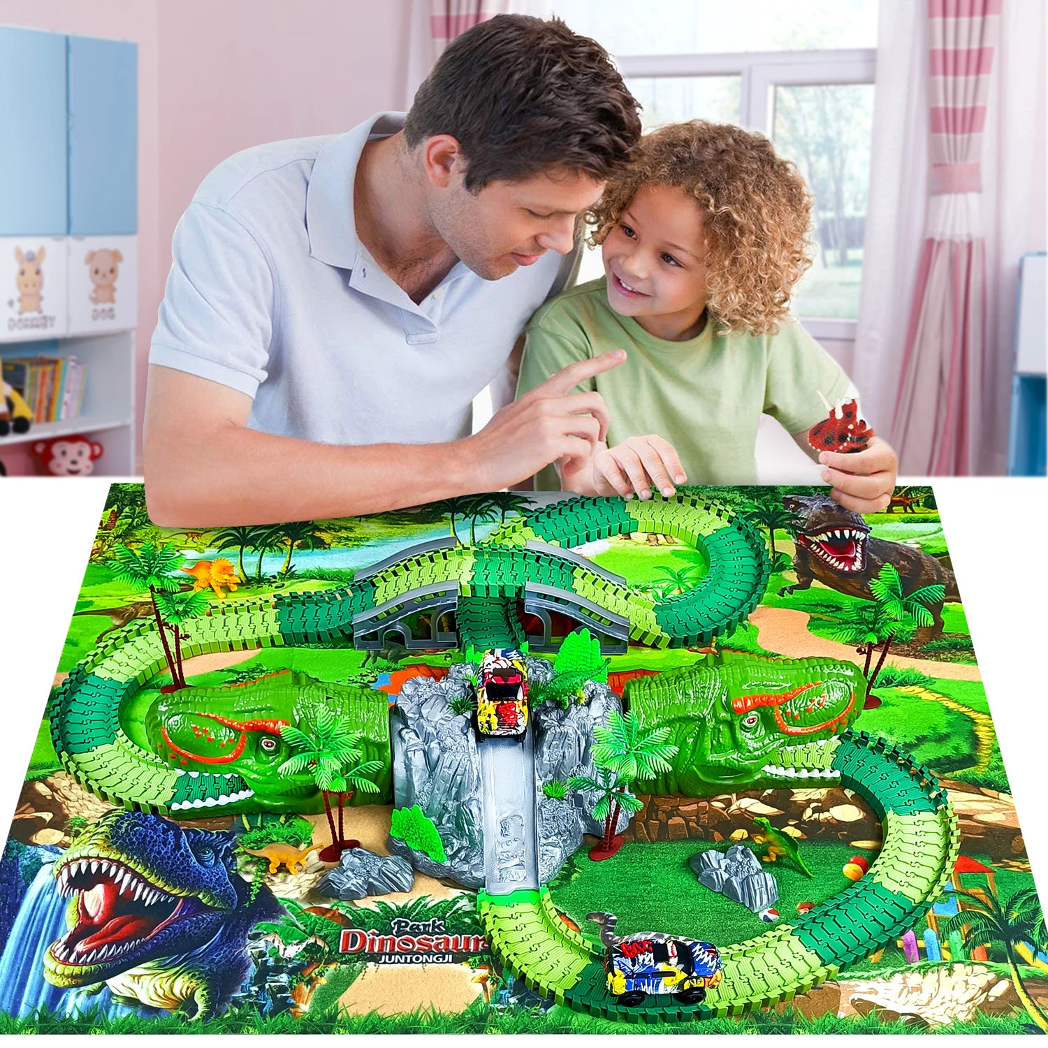 Dinosaur Race Car Track Toys Create Dinosaur World Road Race Flexible Tracks Gift for Kids Ages 3 4 5 6 +Year Old Boys Girls