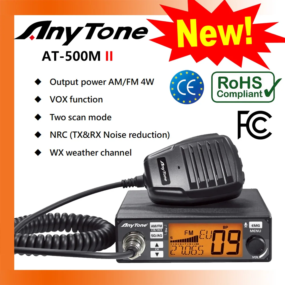 AnyTone Radio CB seluler AT-500M II, untuk truk 12/24V AM/FM 26-27Mhz, pengurang kebisingan, saluran cuaca WX Radio mobil 2024