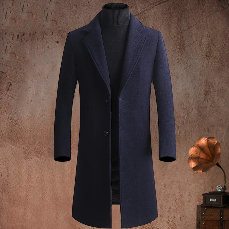 Business Casual Men's Mid-Length Woolen Coats 2026 Winter Solid Color Warm Wool Windbreaker Jackets Outwear Thicken Top Overcoat