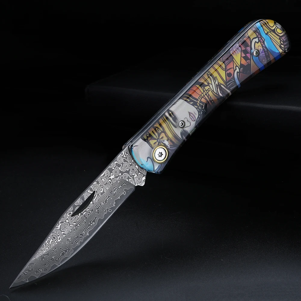 Transparent Resin Handle Folding Knife, Damascus Pocket Knife, Camping Multi-Function Emergency Knife