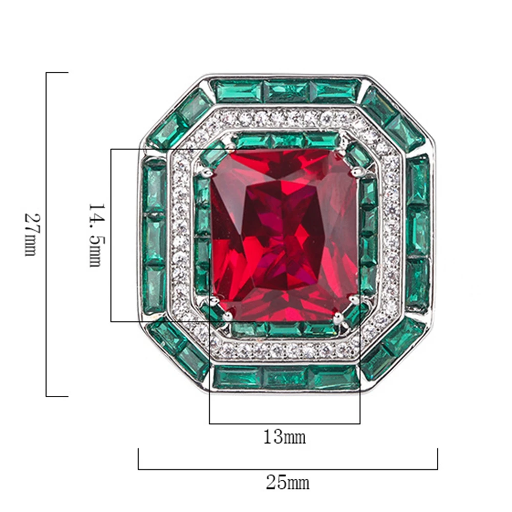 KQDANCE Large Rectangle Created 12*14mm Emerald Ruby Gemstone Diamond Rings With Big Green Red Stone Luxury Jewelry For Women