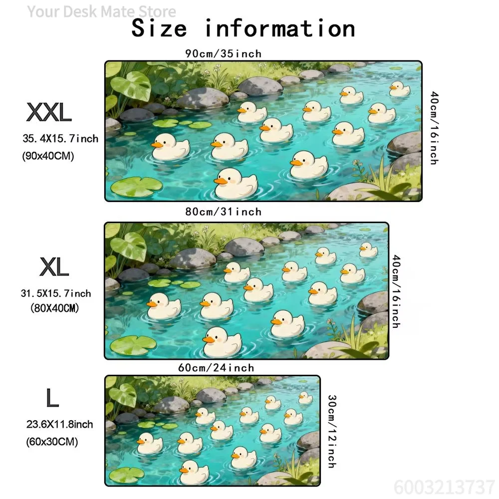 Cute Cartoon Little Yellow Duck Stream Large Mouse Pad, Green Pond Botanical Illustration Waterproof Non-Slip Kawaii Student Off