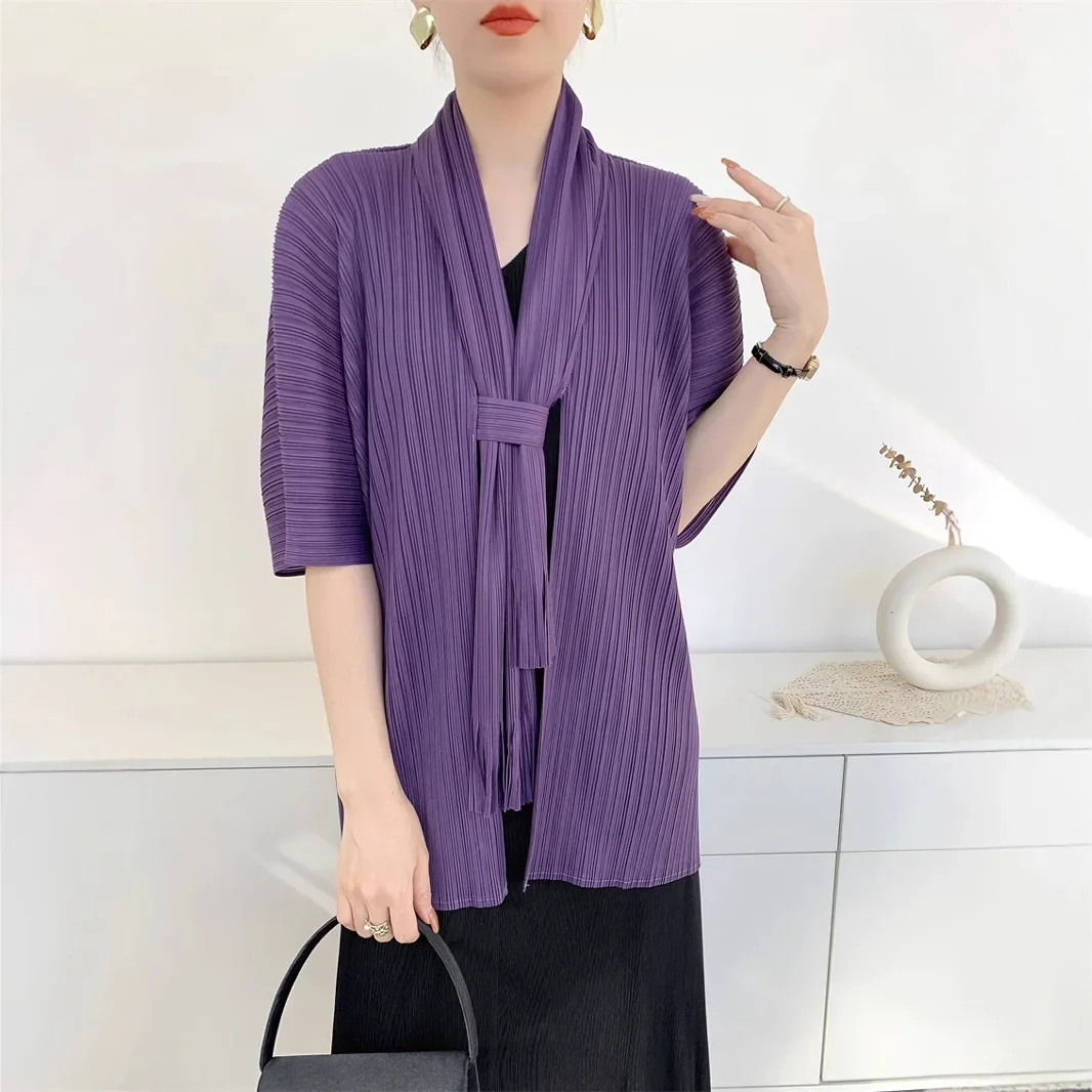 SXZ Miyake Pleats Jacket 2025 Spring/summer Premium Design Sense Elegant Cardigan Tassel Ruffled Top Scarf Collar Shirt Woman