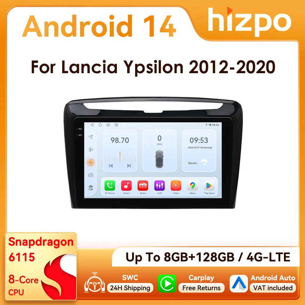 9 " Hizpo 2Din CarPlay Android Auto autoradio pour Lancia Ypsilon 2012 - 2020 GPS BT 4G SWC RDS DSP octa-core Snapdragon6115