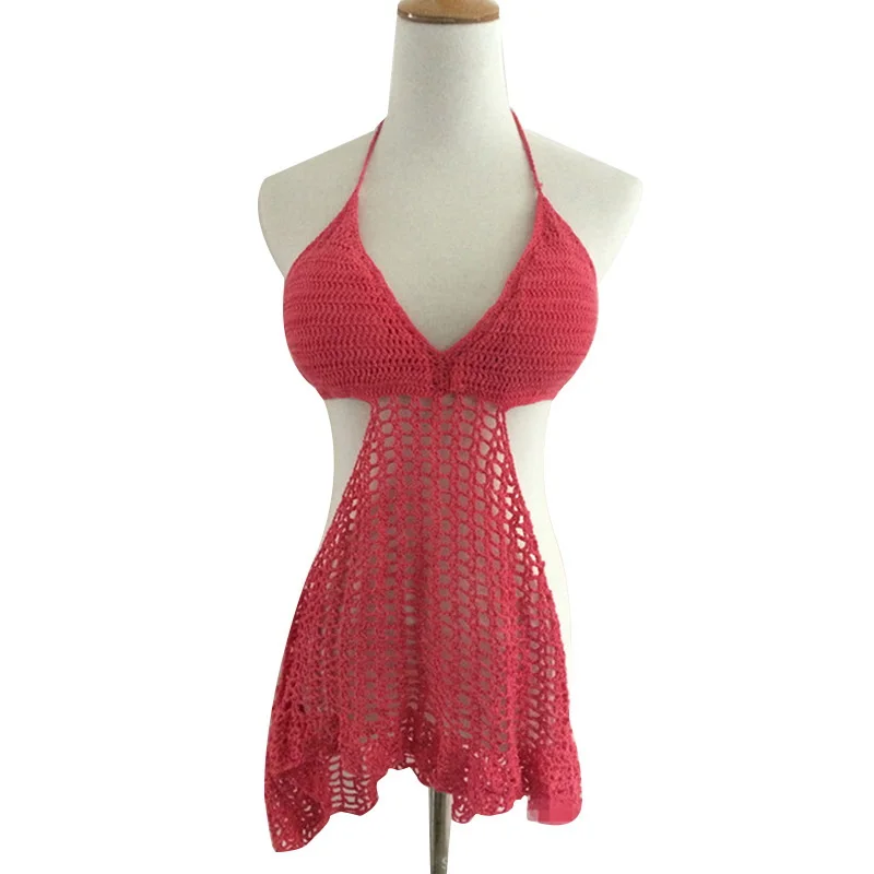 H80&S90 New Women Hot Sexy Handmade Crochet Deep V Neck Backless Hollow Out Beach Swimwear Lady Female Tank Top Bikini Dress