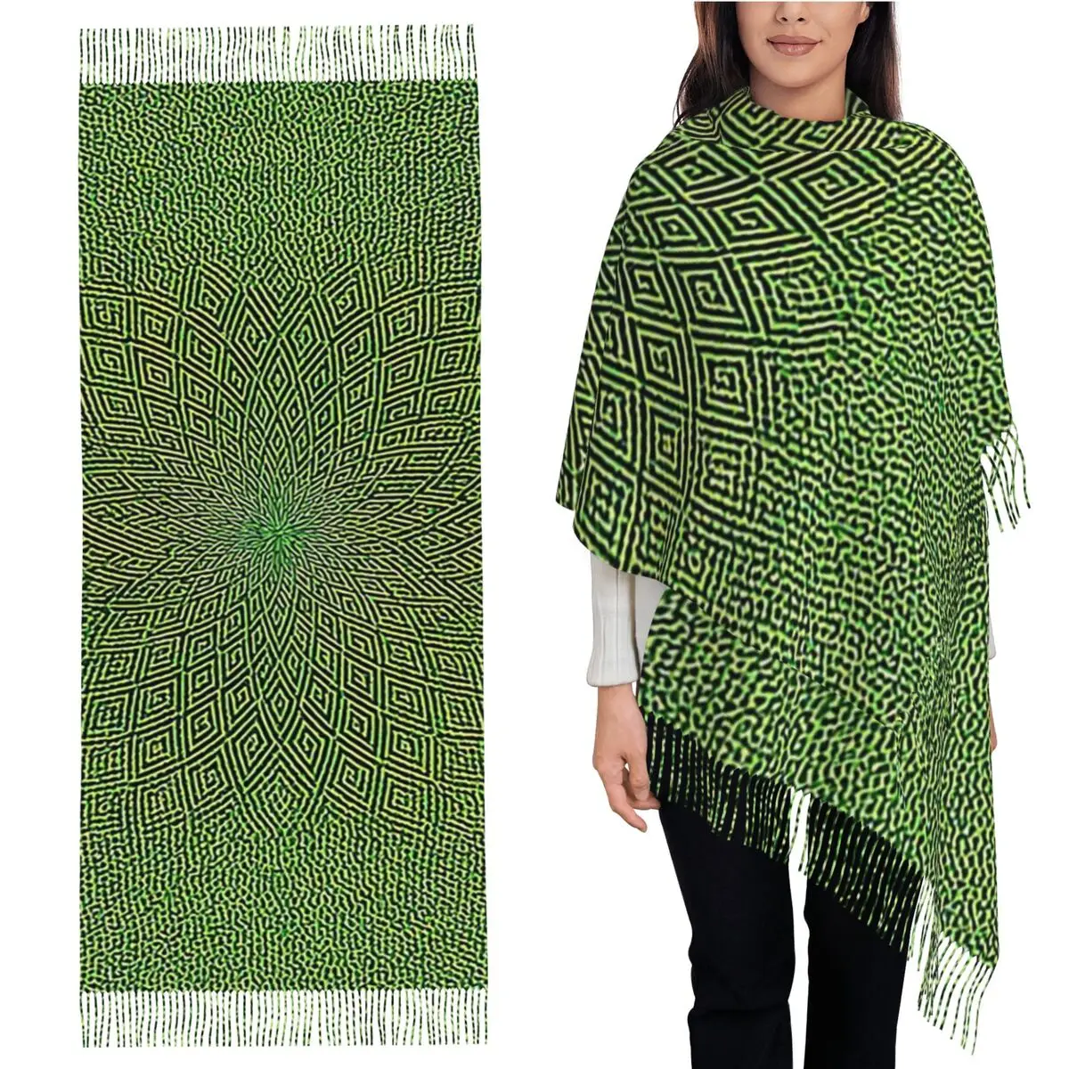 

Клеточные сетки, матрица. Цифровой шарф с символами пикселей, шарфы с кисточками для женщин, теплые шали и накидки, большая осенне-зимняя шаль