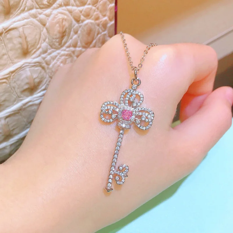 Fashionable Zircon Iris Flower Diamond Key Pendant Necklace 2026 Model Exquisite Silver Jewelry for Ladies