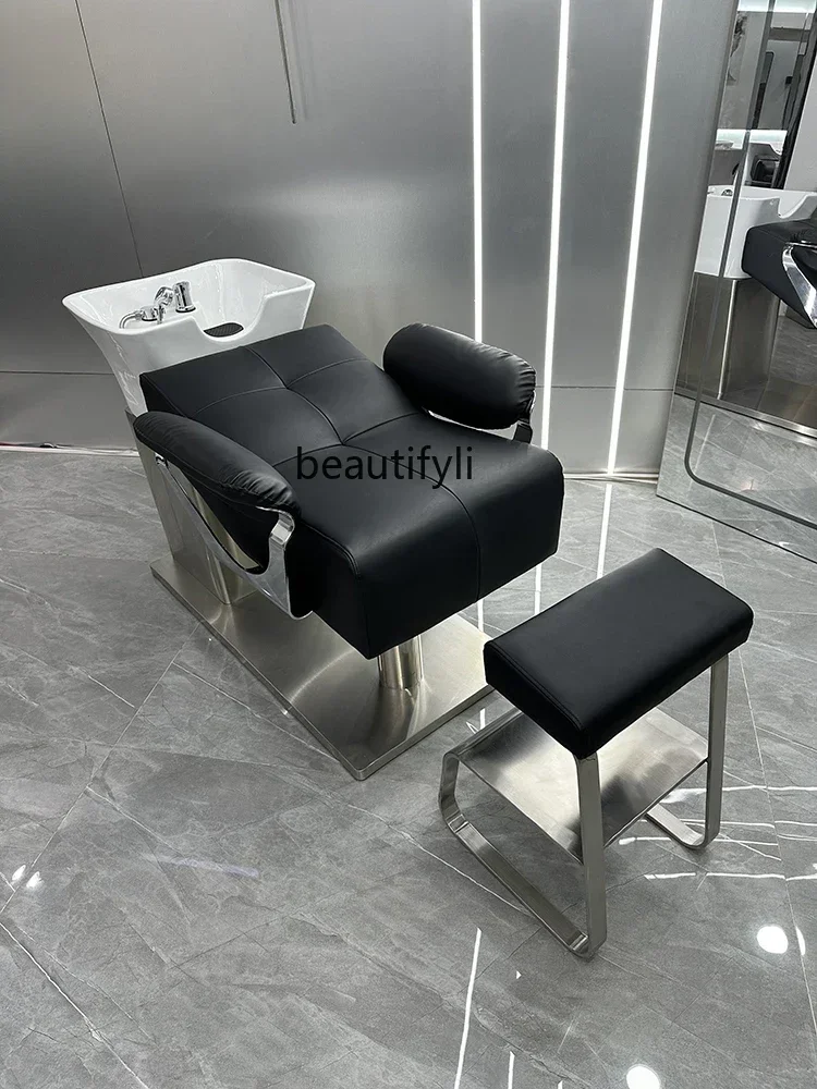 Barber Shop Ceramic Basin Half Lying Shampoo Chair Stainless Steel High-End Hair Salon Flushing Bed