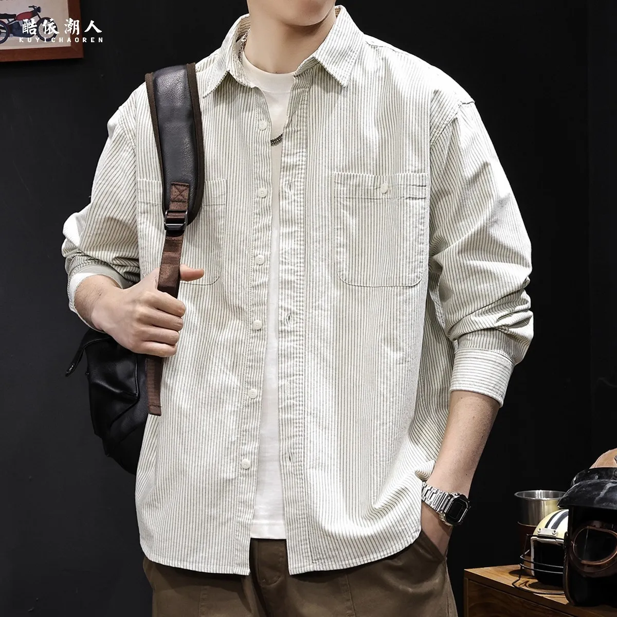 

Striped American-Style Men's Long-Sleeve Shirt, New Casual Clothing, Trendy Versatile, High-End Feel, Plus Size, Spring And