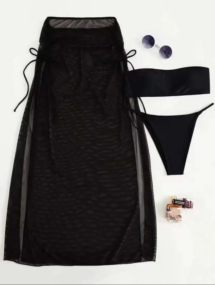 Bikini con Tanga de 3 piezas para mujer, traje de baño negro con vestido, traje de baño de banda para mujer, ropa de playa, traje de baño de verano 2025