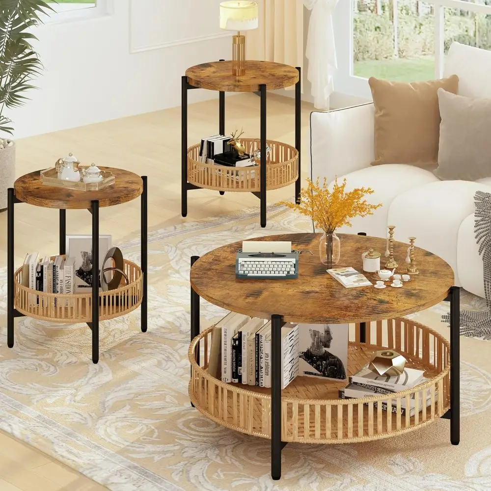 

3 Pieces Coee Table Set or Living Room, Boho Living Room Table Set with Rattan Storage Shel and Metal e, Round Coee Table & 2 En