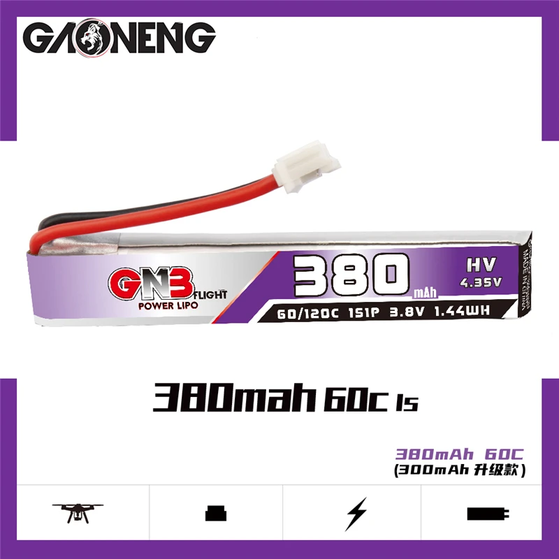 

GAONENG/GNB 1S 380mAh 3.8V/4.35V 60C/120C LiHV/Lipo for Snapper6/7/8/Mobula7/URUAV UR65/UK65/US65/BetaFPV65/75 FPV Drone