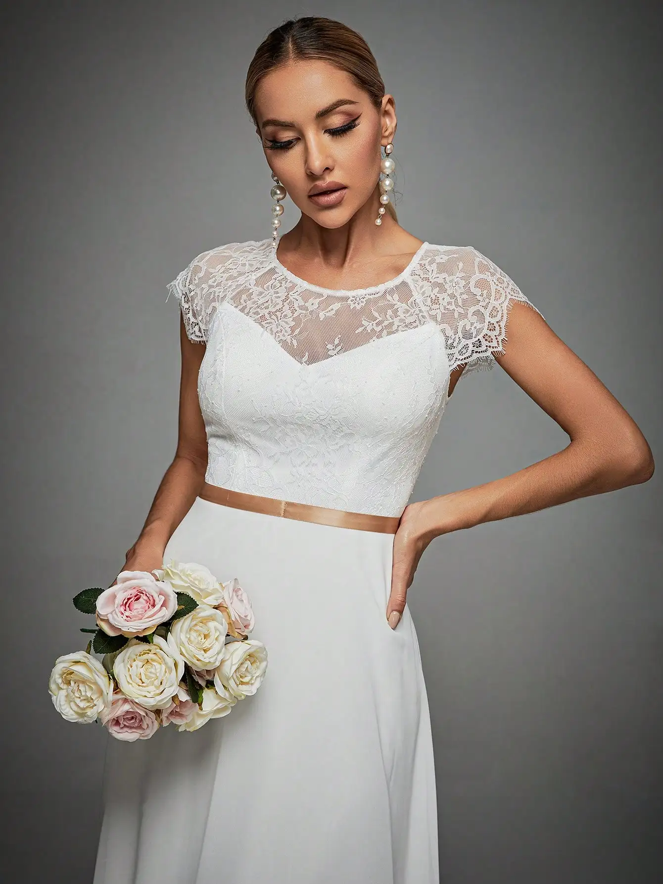 Mgiacy vestido de novia de gasa con mangas de encaje de pestañas, vestido de baile de noche, vestido de fiesta, vestido de dama de honor