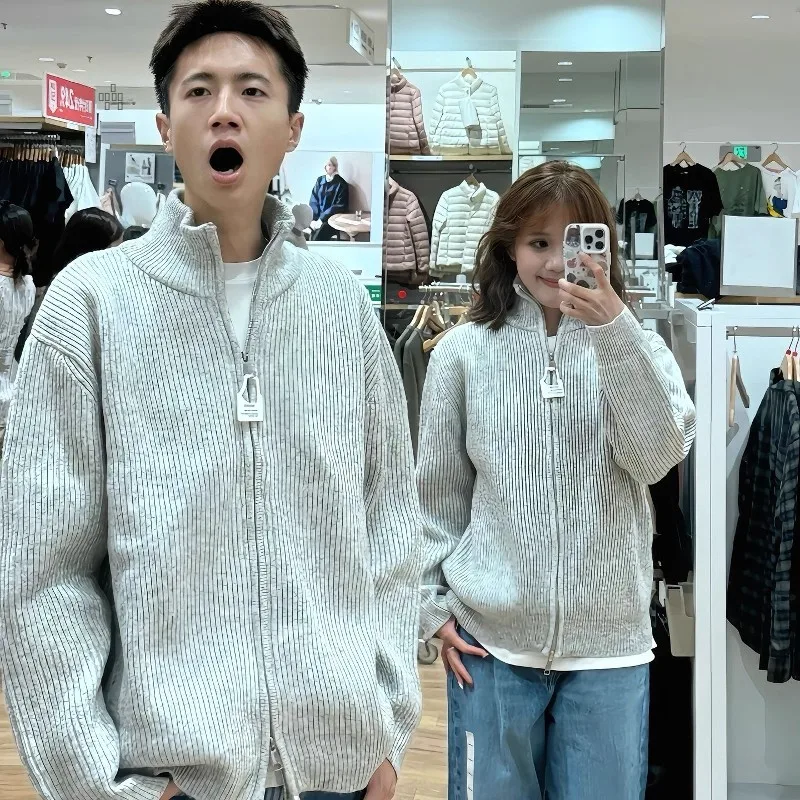 

Свободный вязаный кардиган в корейском стиле с воротником-стойкой, больших размеров, для пар, осень-зима, из полиэфирного волокна, с длинными рукавами