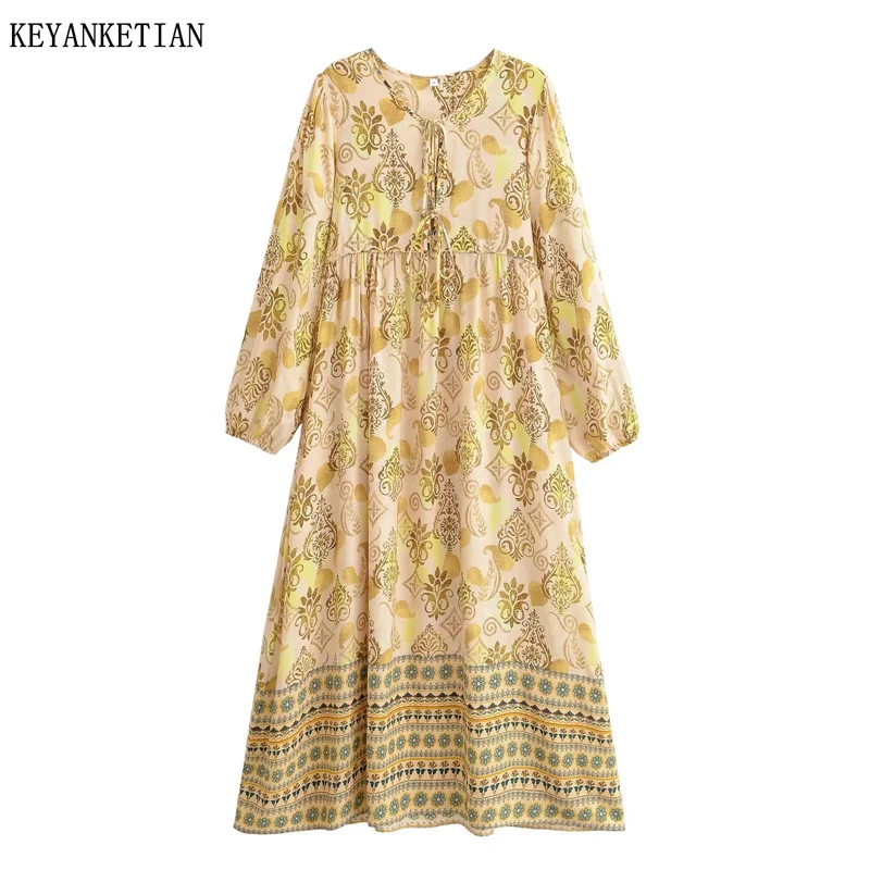 

KEYANKETIAN 2026 Весеннее Новое Женское Платье в Национальном Стиле с Золотым Принтом, Декоративной Шнуровкой, Свободного Кроя, с Длинными Рукавами, А-силуэт, Миди